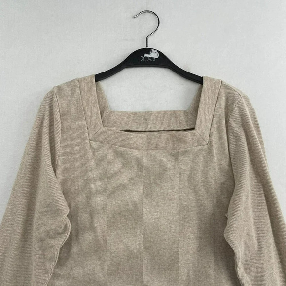 Old Navy Sweater Women's Sz L Beige Slim Fit Square Neck Ribbed Pullover - Picture 6 of 11